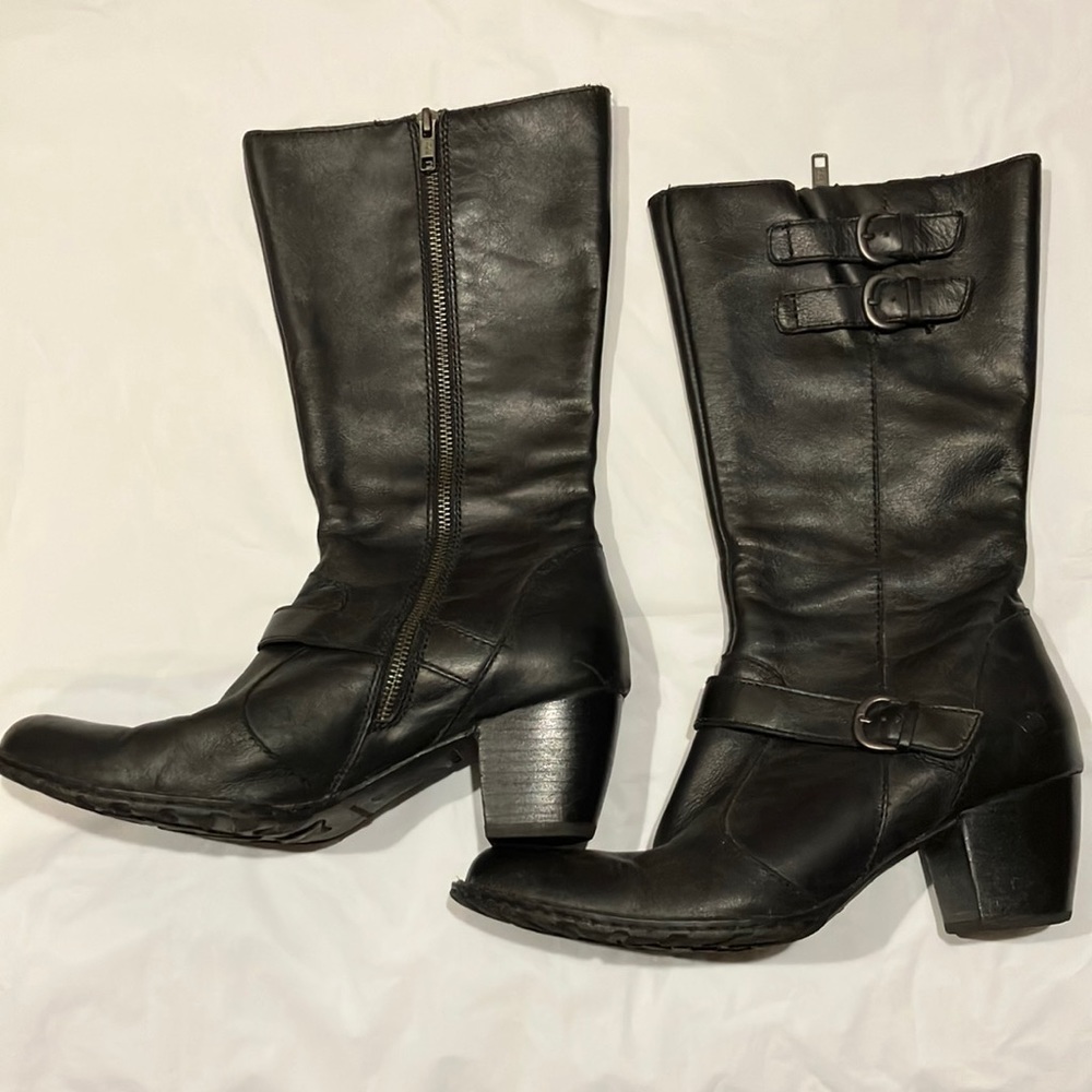 Born Black Leather Mid-Calf Heeled Boots